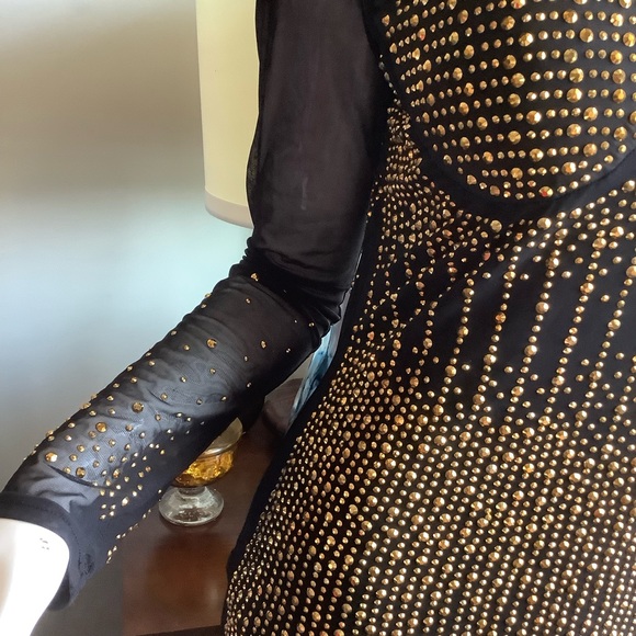 Sheer Gold-Beaded Long-Sleeve Midi Dress - Picture 4 of 10